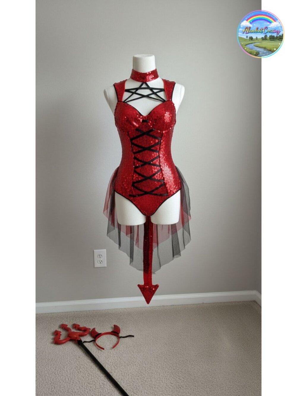 Pentagram Devil Costume Sequin Dress with Horns